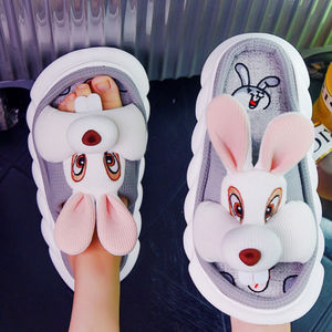 Yüksek kaliteli kalın taban çiftler slaytlar terlik kadınlar 3D karikatür tavşan ev kadın keten slaytlar terlik - Product Image 2