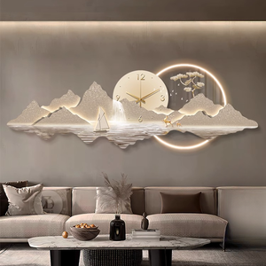 Luxe moderne bonsaï montagne cerf paysage UV tranchant acrylique fabriqué à la main mur décor à la maison LED horloge peinture - Product Image 1