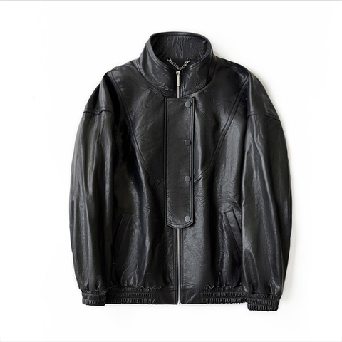 3104 High Quality Bomber Cow Leather Jacket Vintage Mock Neck Zipper Plain Full Grain Custom Leather Jacket