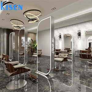Mueble de exhibición de acero inoxidable KISEN para salón, mesa de tocador y consola con espejo de doble cara para uso en barberías - Product Image 6
