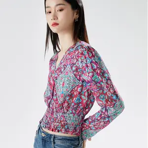 Venda por atacado de blusas e camisas florais femininas primavera outono nova versão coreana