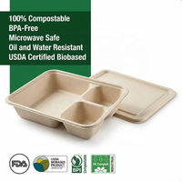 Offre Spéciale : Boîte à lunch 3 compartiments en bagasse de canne à sucre 25x18,5cm, jetable, biodégradable, micro-ondable avec couvercle pour la restauration scolaire