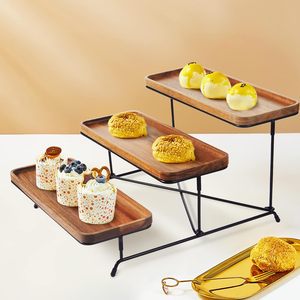 Acacia gỗ phục vụ khay với màu đen kim loại đứng 3 tầng cupcake đứng bằng gỗ thực phẩm hiển thị platters món tráng miệng bảng hiển thị thiết lập - Product Image 2