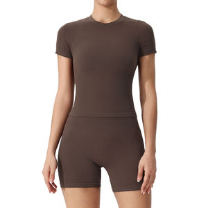 Kadınlar sıkı sıkıştırma yumuşak nervürlü dikişsiz koşu şort ve T Shirt seti - Product Image 1