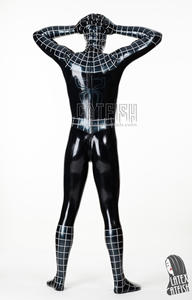 Combinaison intégrale en latex pour homme, cosplay <span class=keywords><strong>Spider</strong></span>, couvrance totale, épaisseur 0,4 mm, noir avec bordure argentée métallique, fermeture éclair dorsale 3 voies, capuche - Product Image 3