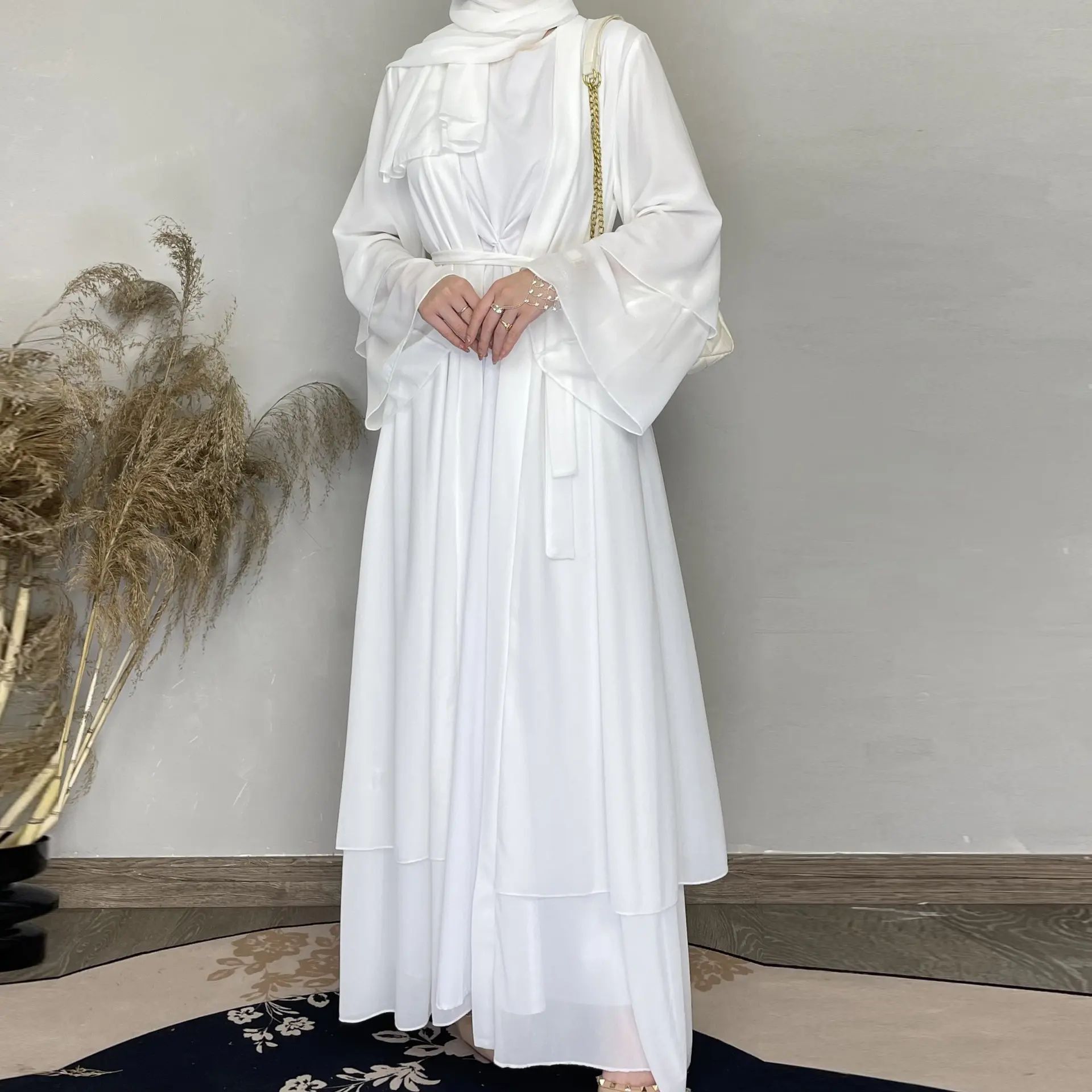 Groothandel Kalkoen Elegante Eid Vrouwen Moslim Jurk Twee Lagen Chiffon Bescheiden Moslim Jurk Bijpassende Hjiab Kimono Open Dubai Abaya Set