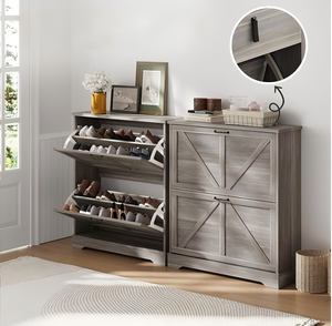 Scarpiera ribaltabile stile rustico a 2 livelli, mobile contenitore per scarpe in legno grigio per ingresso - Product Image 2