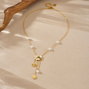 Collar de Moda de Acero Inoxidable 316L Resistente al Agua y al Deslustre, Chapado en Oro de 14k y 18k, con Colgante de Abeja y Flor para Mujer - Product Image 2