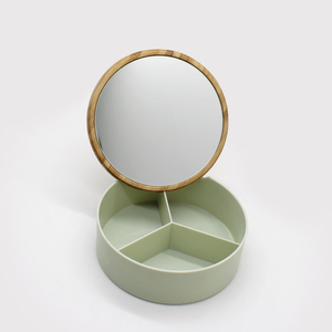 Simple Style portable 3 Grids storage box makeup organizer with round removable bamboo cover and mirror