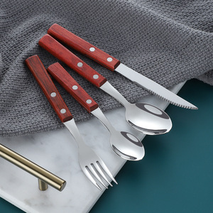 304 Stainless Steel <b>Knife</b> <b>Fork</b> <b>Spoon</b> <b>Set</b> Rosewood Handle Serrated Edge Western Cutlery 4 Pieces - Product Image 3