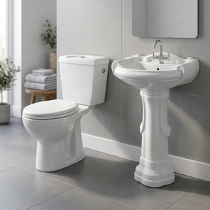 Ensemble WC et lavabo en céramique de haute qualité, deux pièces, avec piédestal, pour hôtels et salles de bain de projets - Product Image 5
