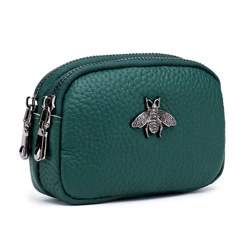 Small 2 Zippered Change Pouch Bee Wallet, Double zipper Leather Coin Purse Mini Wallet for women (green)