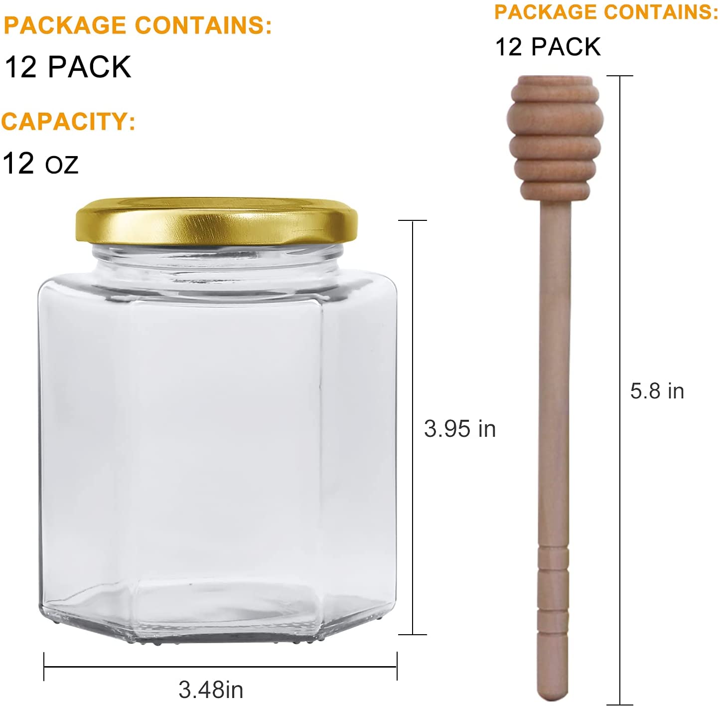 Clear Glass Jars 12 oz Glass Honey Jars with Golden Lids Wooden Honey Sticks