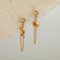 Boucles d'oreilles pendantes N&S plaquées or soleil et lune avec zircon et pompon pour femme, bijoux de mode vintage en acier inoxydable, vente en gros