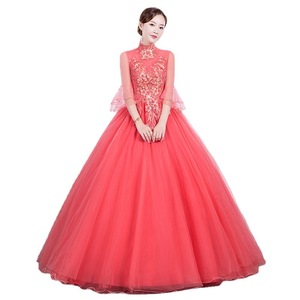 Watermelon Red Long Evening Gown With Puffy Skirt For Stage Performance Women Adult Size 129 Solid Color Polyester Fabric - Product Image 5