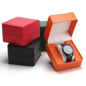 Caixas e estojos de relógio único em couro PU com logotipo personalizado de luxo preto laranja caixa de presente para relógio quadrado com canto redondo