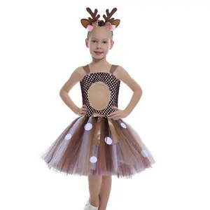 Kostum Natal untuk anak perempuan, gaun Elk rusa Tutu, pakaian Cosplay dengan ikat kepala