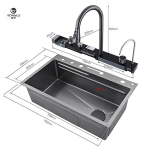 Évier de cuisine en acier inoxydable à une cuve, fait à la main, design moderne, avec robinet, installation de comptoir cascade numérique nano <span class=keywords><strong>noir</strong></span> - Product Image 6
