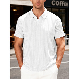 Polo jacquard décontracté d'été pour homme, respirant, à manches courtes, rayé, 100 % polyester, vêtement de loisirs - Product Image 5