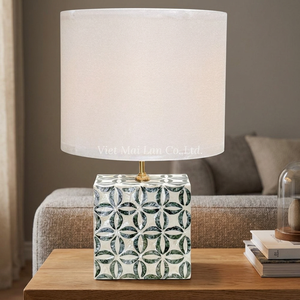Electric Handicraft Mother Pearl Bamboo <b>Base</b> <b>Table</b> <b>Lamp</b> LED Light Source 3500K Warm White Artisan Shell Inlay Dimmable Elegant - Product Image 3