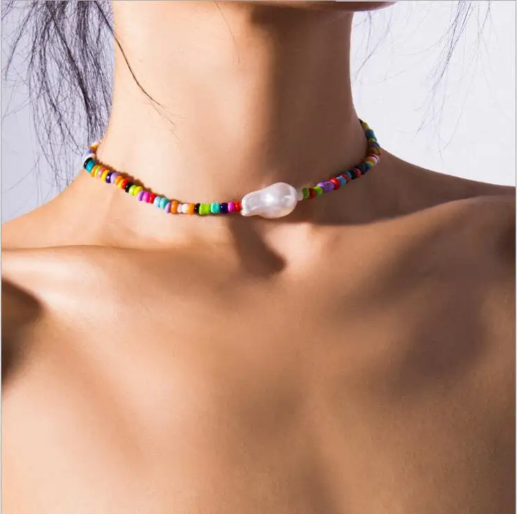 Bohemian Giả Ngọc Trai Choker Necklace Tuyên Bố Đầy Màu Sắc Hạt Giống Hạt Xương Đòn Chuỗi Vòng Cổ 2019 Phụ Nữ Jewelry