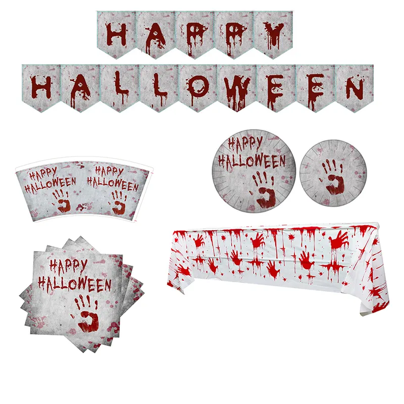 Blood Hand Halloween Tableware Horror Halloween Party Plate Banner Tablecloth Party Supplies Home Table Decoration Kids Gift
