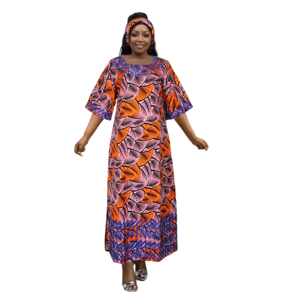 Vestido tradicional africano de calidad personalizada de H & D, vestido largo con estampado de cera de manga corta para mujer