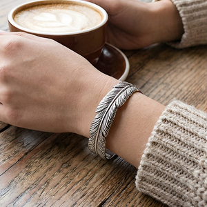 New Retro Feather Wide <b>Bracelet</b> Trendy Stainless Steel Adjustable Wide <b>Bangle</b> <b>Bracelet</b> for Party-Hot Selling Europe & US Style - Product Image 4