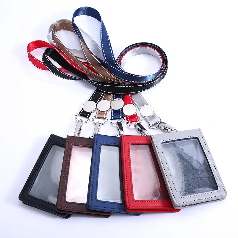 Cuero genuino Estilo plegable 2 Ranura para tarjeta Estuche para tarjetas de crédito Personal Trabajo ID Badge Tarjetero con cordón