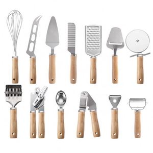 Utensilios de cocina de madera con mango, utensilios de cocina varios, batidor de huevos de acero inoxidable, juego de repostería, cuchillo para pizza y queso, espátulas. - Product Image 1