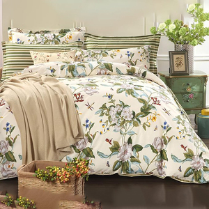 Reversible Duvet Cover Set Durable Floral 100% Cotton <strong>Green</strong> and Beige <strong>Striped</strong> Shabby Flower <strong>Bedding</strong> Soft with Zipper - Product Image 6