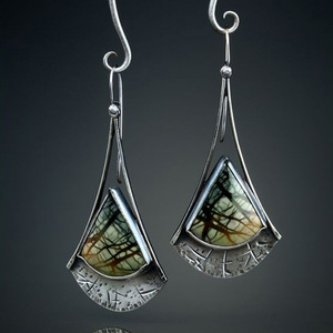 Orecchini Pendenti Geometrici K Brand Placcati Argento Anticato con Pietra Naturale Incastonata, Gioielli Vintage da Donna alla Moda - Product Image 3