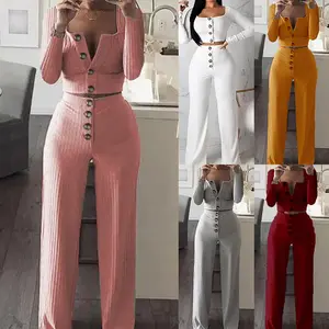 Conjunto de roupa feminina sexy, tricô, com botão, manga comprida, blusas curtas, tamanhos grandes, calças duas peças