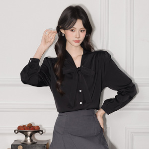 Women's <b>White</b> V-Neck Long Sleeve Shirt With Ribbon <b>Wrap</b> And Tie Design For Commuting - Product Image 2