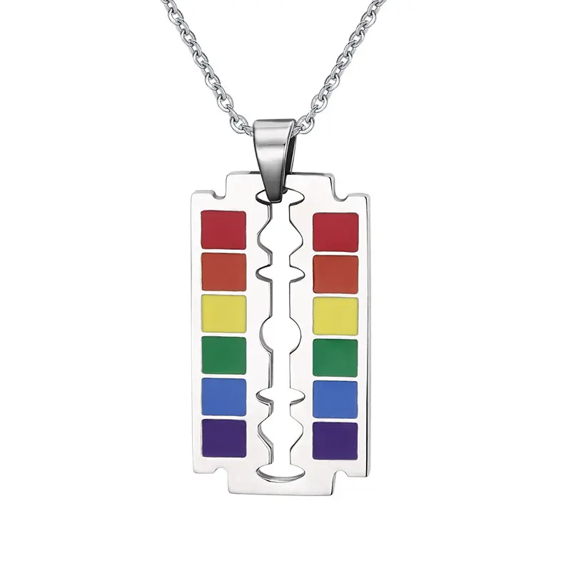 Collana con ciondolo a lama arcobaleno in acciaio inossidabile significato bandiera Gay Pride smalto lama di rasoio collana LGBT regalo di amicizia