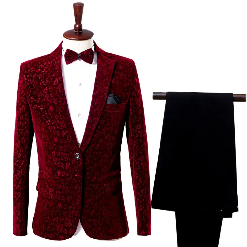 Y-03 erkek damadın elbise şarap kırmızı koyu çiçek yetişkin takım elbise sahne konak kostüm şarkıcı fotoğraf çekmek düz kadife suit