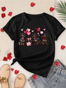 T-shirt da donna con stampa Dachshund, manica corta, girocollo, a tema San Valentino, casual, moda primavera estate - Product Image 3