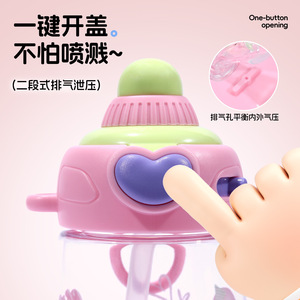 Children's Straw Water Bottle With Push Button Lid Cartoon Design Leak Proof For School Kids <b>Plastic</b> <b>Drinkware</b> - Product Image 1
