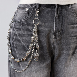 Yueli Hip Hop Punk Metal <b>Skull</b> Waist Chain Double Layer Double <b>Ring</b> Gunmetal Tibetan Silver Casual Pants Decoration - Product Image 1