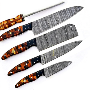 Juego de Cuchillos de Cocina de Acero de Damasco, 5 Piezas, Mango de Madera, Cuchillos de Chef de Hoja Recta, Hoja Biselada, Calidad Industrial - Product Image 1