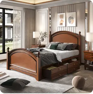 American Style Solid Wood 1.2m Children's Bed With Carving Bedroom Furniture Wooden Bed With Storage Queen Size B-272