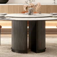 Ensemble de table à manger ronde de luxe de style moderne du milieu du siècle italien, 6 places, table à manger extensible en pierre frittée marbrée avec 6 chaises