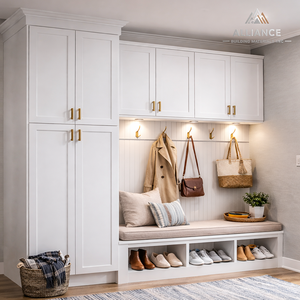 Muebles Modernos para Entrada con Almacenamiento |   Gabinetes de Pasillo Americanos Hechos a Medida |   Mueble Zapatero de Madera Blanco para Entrada - Product Image 1