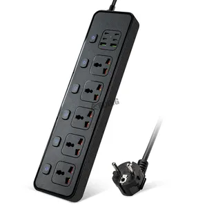 High quality 5 universal Outlets Eu Uk US plug power socket with usb type c charger 13A 3250W 250V 2meter cable power strip
