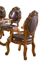 Ensemble table à manger et 8 chaises en bois massif et cuir, style français européen, antique, avec sculptures occidentales, design rectangulaire pour villa et cuisine