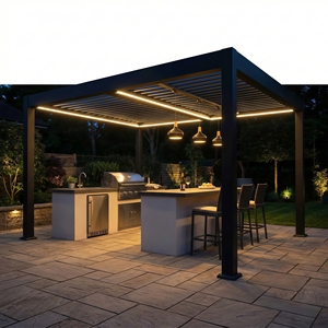 Pérgola <span class=keywords><strong>de</strong></span> Aluminio Negra para Cocina Exterior <span class=keywords><strong>de</strong></span> 3x4m con Techo <span class=keywords><strong>de</strong></span> Láminas Motorizadas, Gazebo con <span class=keywords><strong>Isla</strong></span> <span class=keywords><strong>de</strong></span> Barbacoa Integrada y Luces LED - Product Image 1