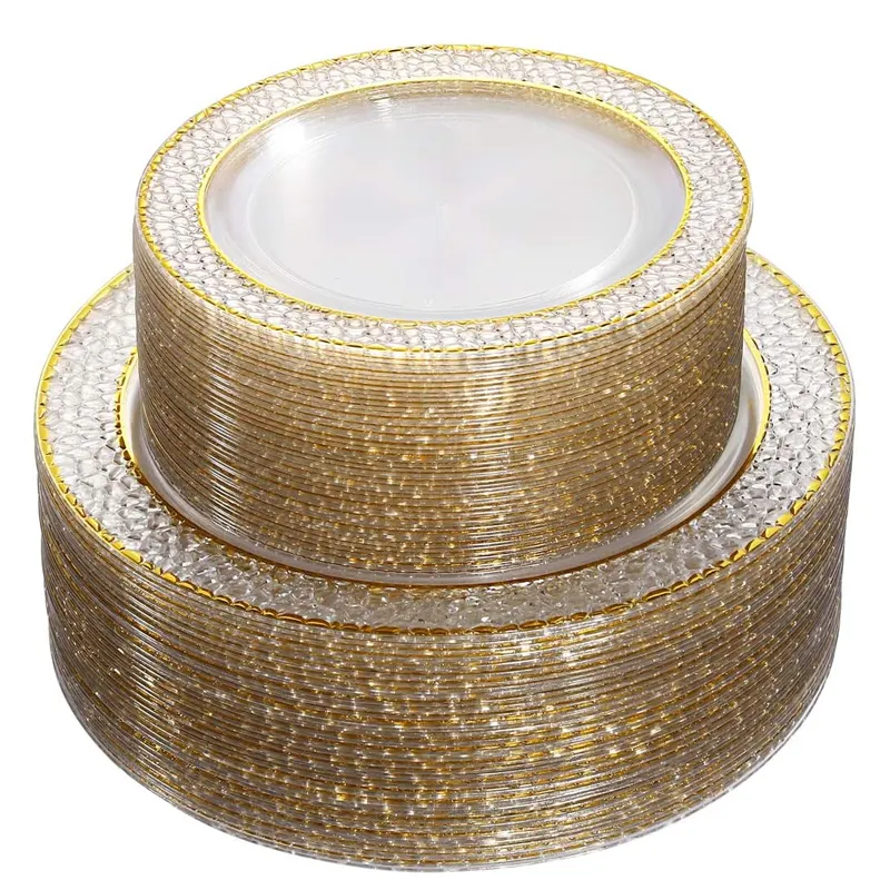 10.25 Inch Dinner Plates 7.5 Inch Salad Dessert Appetizer Plates Clear Plastic Party Plates with Hammered Gold Rim