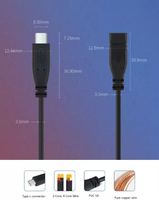 Kabel Pigtail USB Type-C Berbahan Aluminium Alloy PVC/Nylon Berpelindung Tembaga Berlapis Timah 3A Pengisian Cepat Konektor Male Female Ujung Terpotong 1.8M OEM Data