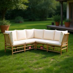 Sofá Esquinero Modular de Bambú para Jardín, Muebles de Exterior Color Crema Blanco, Dos Plazas, Estilo Tropical - Product Image 2