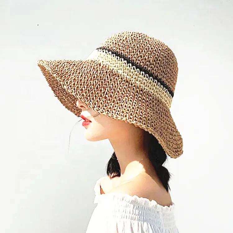 Summer fashion breathable crochet handmade foldable stripe sun beach bucket hat custom straw paper hats for women